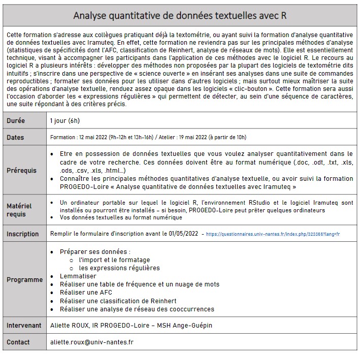 Formation Progedo-Loire Analyse quantitative de données textuelles avec R